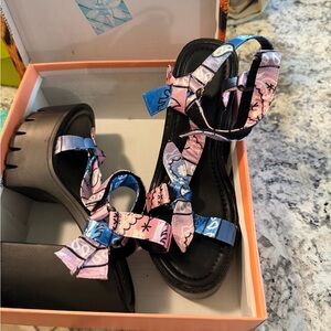 Platform Sandals with Pink & Blue Patterned Straps